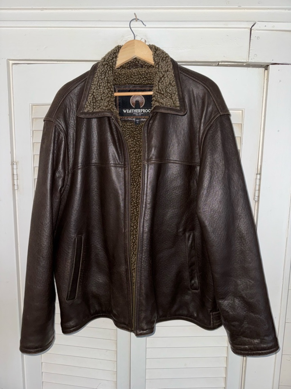 Men’s Weatherproof Brown Genuine Leather Bomber Jacket size XL EUC